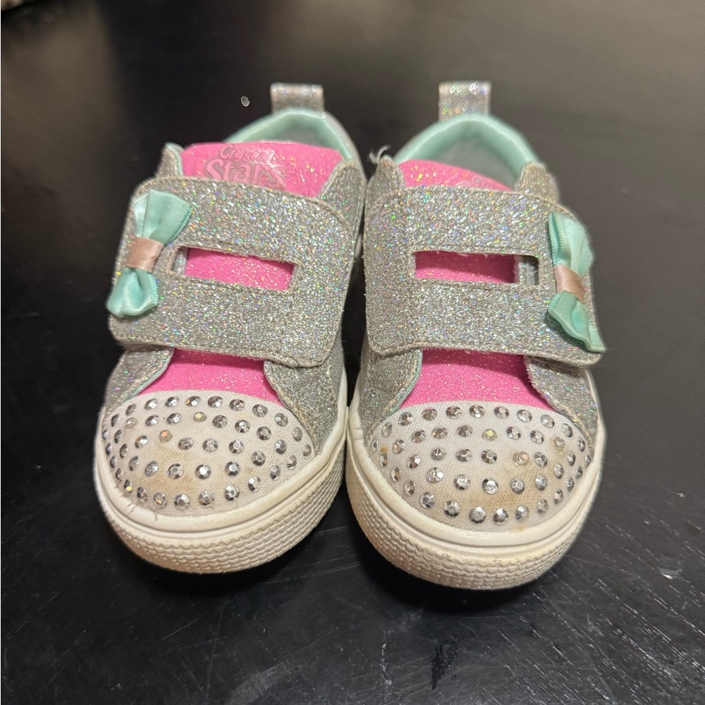 Skechers Silver and Pink Glitter Sneakers with Velcro Straps